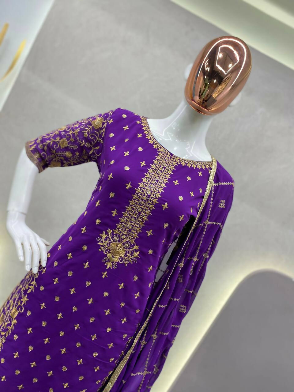 Preksha Creation Women Faux Georgette Sequance Embroidery Work Suit With Stitched Pant And Dupatta - Purple