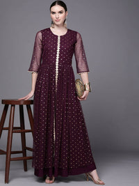 Thumbnail for Ahalyaa Women Burgundy Polka Dots Fit & Flare Maxi Ethnic Dress - Distacart