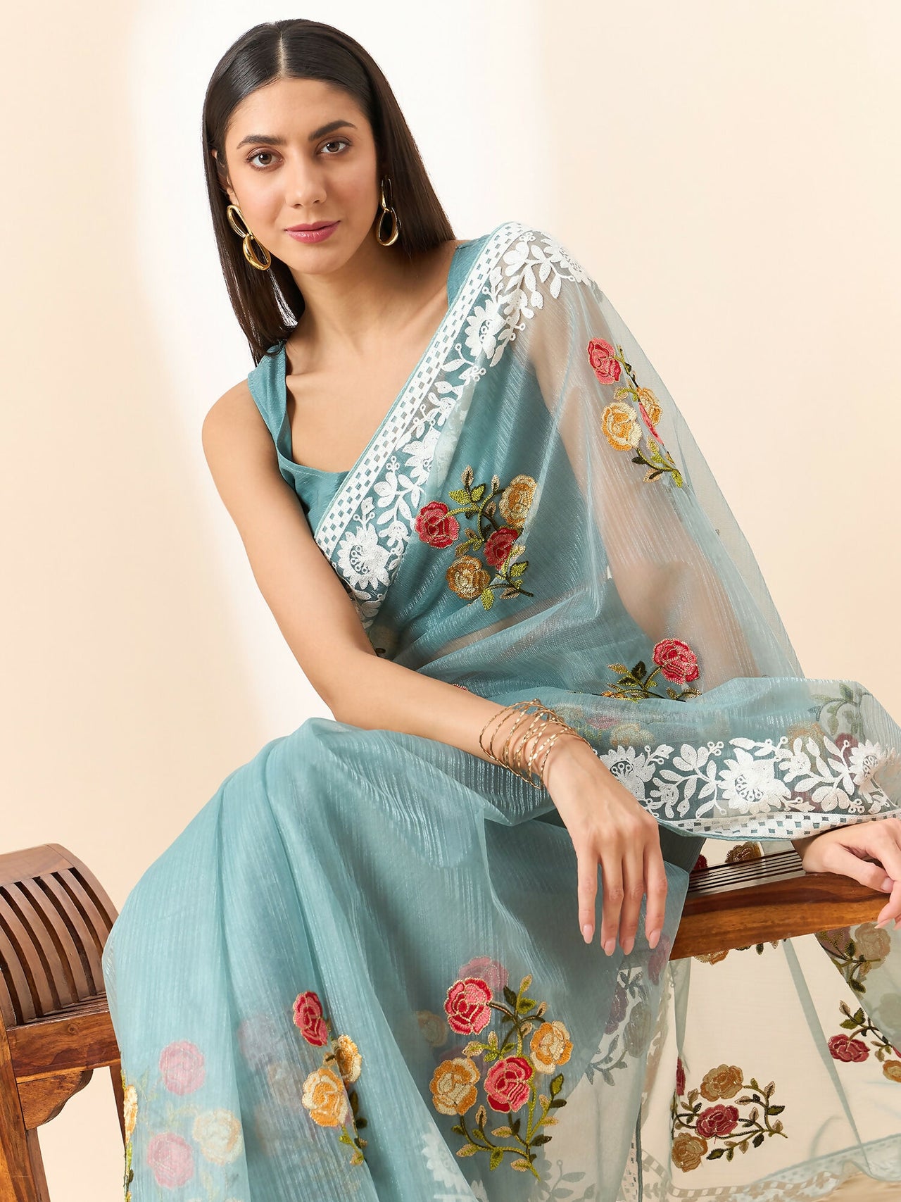 Blue Organza Floral Embroidered Saree with Unstitched Blouse Piece - Roozal - Distacart