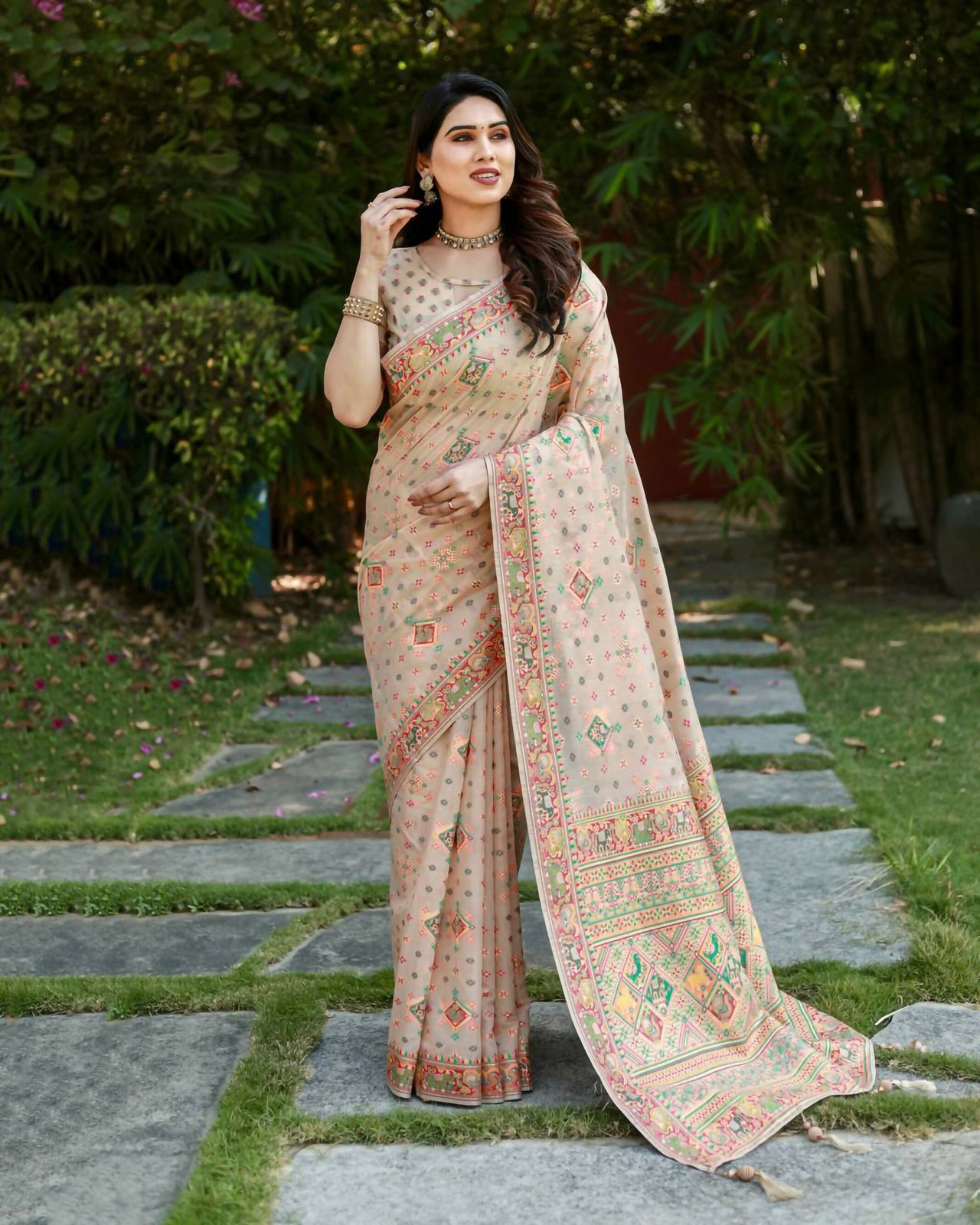 Vastranavya Luxury and Beautiful Soft, Smooth, Flowing Original Pashmina Soft Cotton Saree with Matching Blouse Fabric - Beige