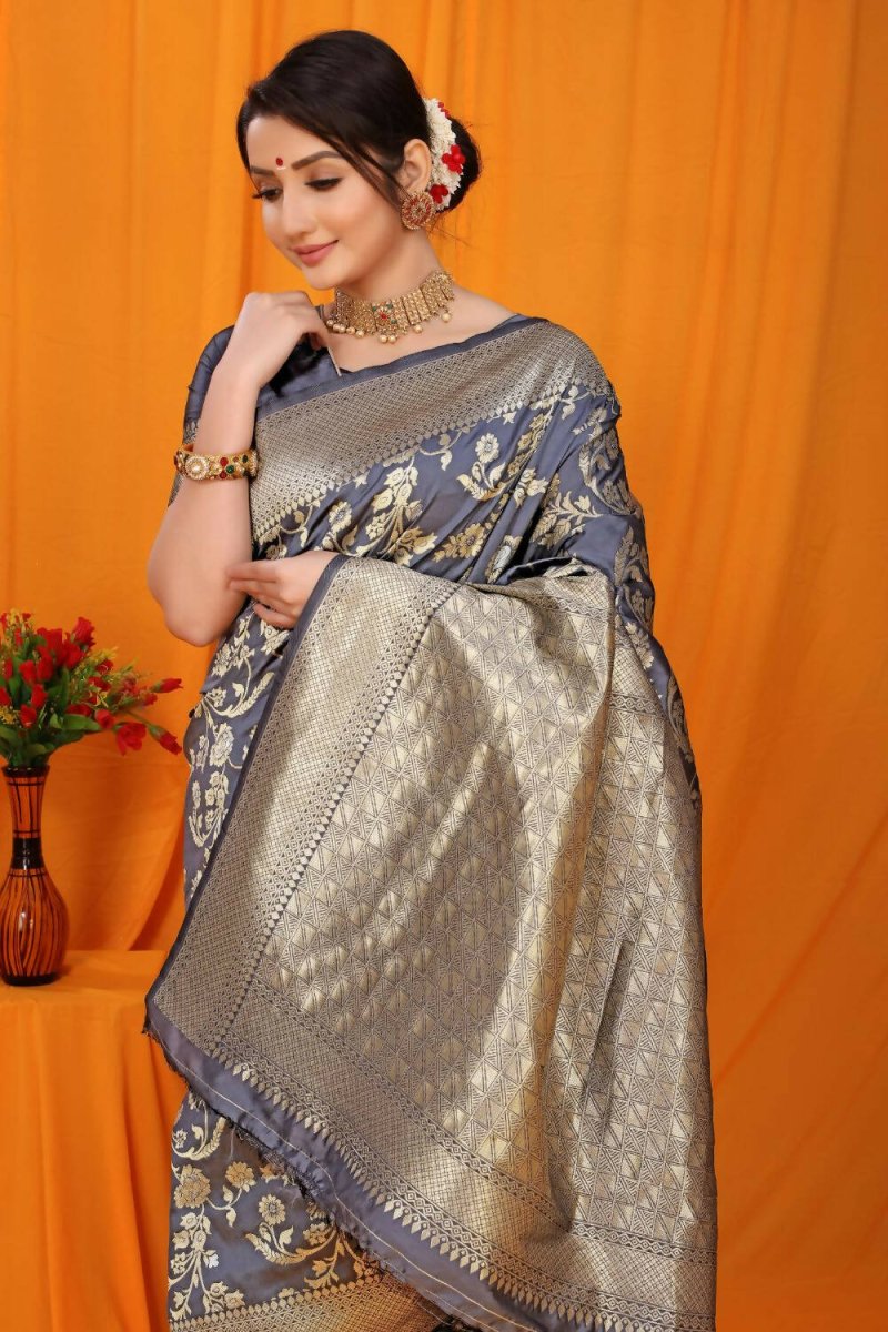 Aastha Fashion Navy Blue Woven Banarasi Silk Saree with Blouse - Distacart