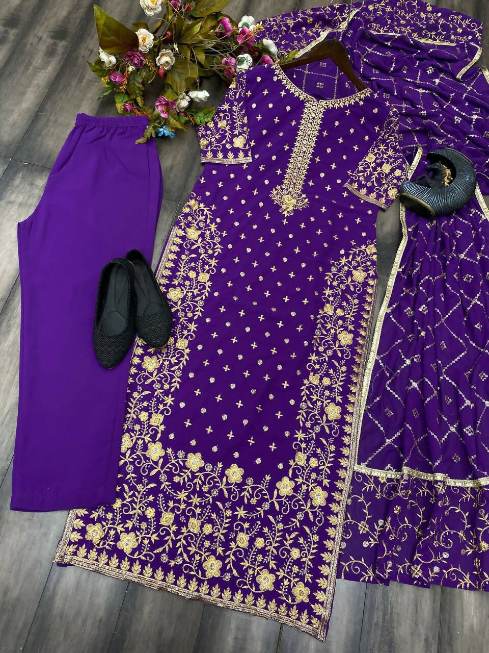 Preksha Creation Women Faux Georgette Sequance Embroidery Work Suit With Stitched Pant And Dupatta - Purple