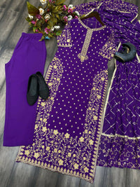 Thumbnail for Preksha Creation Women Faux Georgette Sequance Embroidery Work Suit With Stitched Pant And Dupatta - Purple