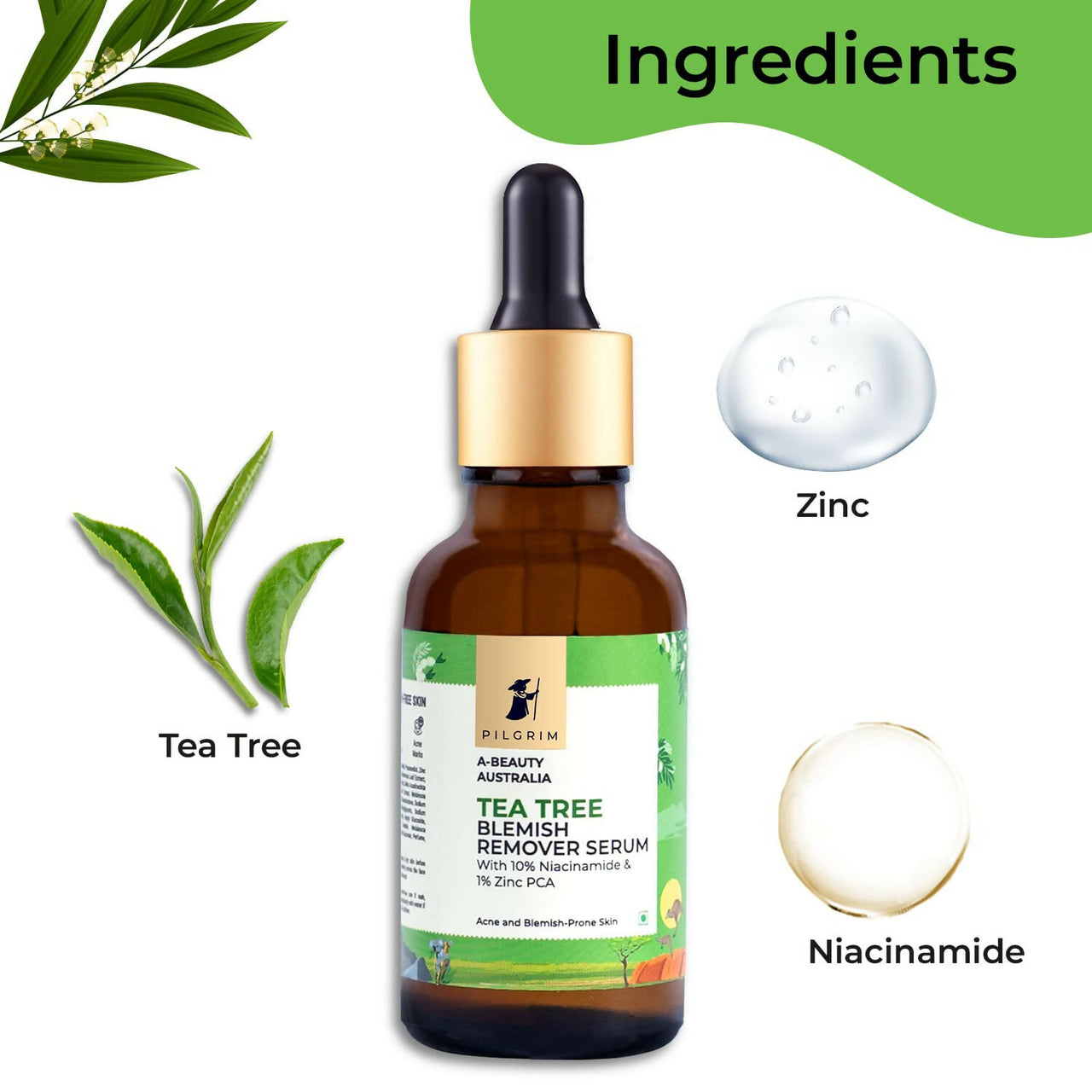 Pilgrim Tea Tree & 10% Niacinamide Blemish-Remover Serum with Zinc PCA For Acne Prone Skin - Distacart