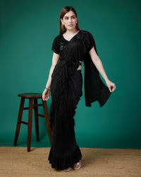 Thumbnail for Black Imported Crush Solid Ready to Wear Saree with stitched Blouse - Aayan - Distacart