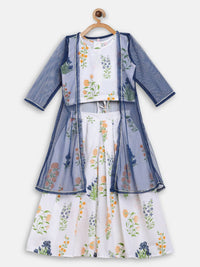 Thumbnail for Ahalyaa Off White Cotton Printed Kids Top and Palazzo With Net Jacket For Girls - Distacart