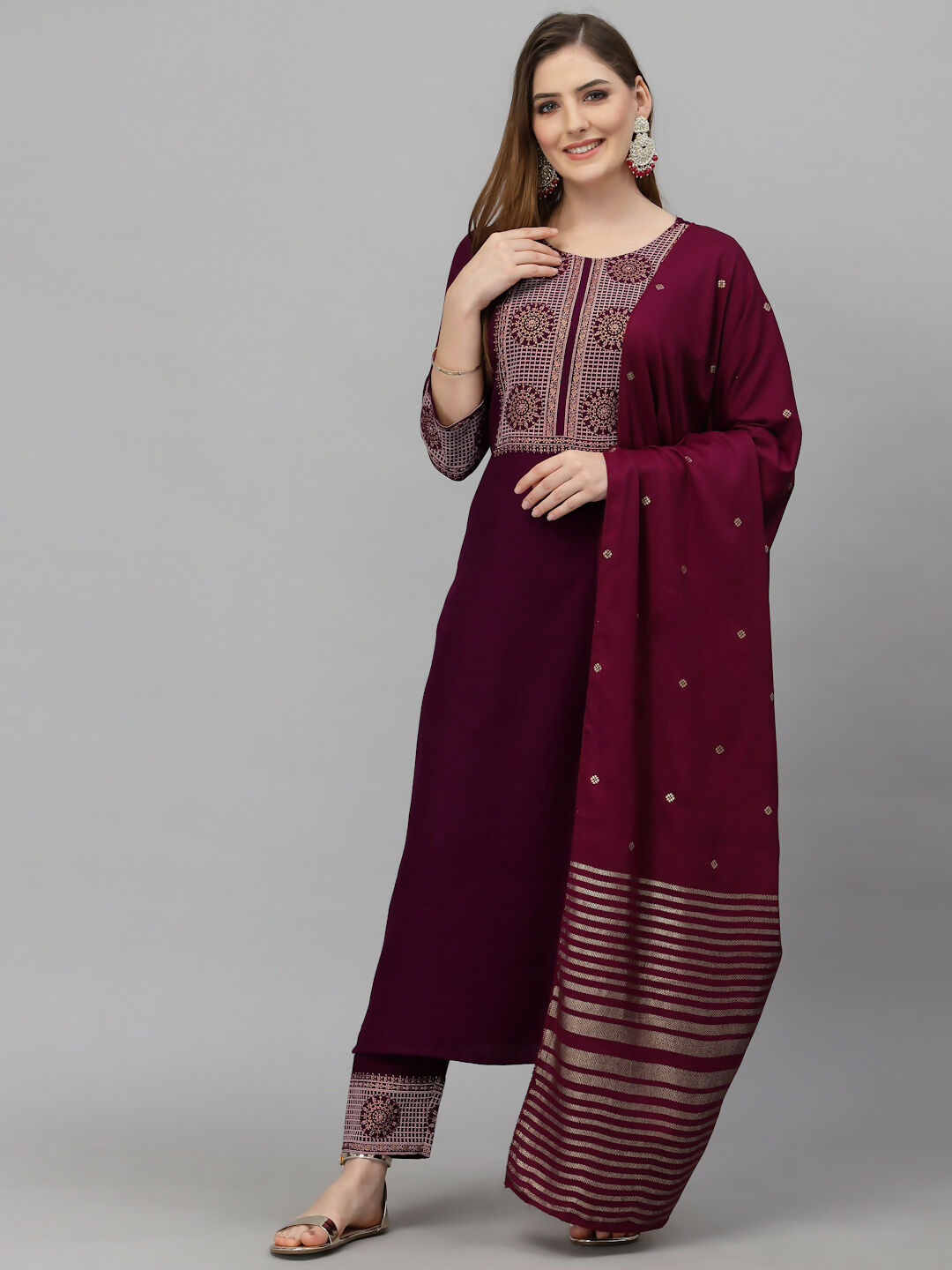 Indian Fashion Women Purple Printed Cotton Blend Kurta And Pant Set - Distacart