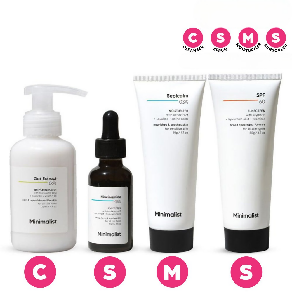 Minimalist Daily Skincare Routine For Sensitive Skin & Damaged Barrier CSMS (Cleanser, Serum, Moisturizer, Sunscreen) Combo