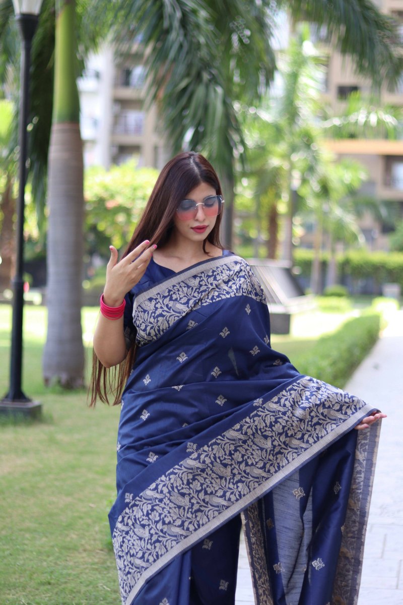 Aastha Fashion Navy Blue Woven Handloom Raw Silk Saree with Blouse - Distacart