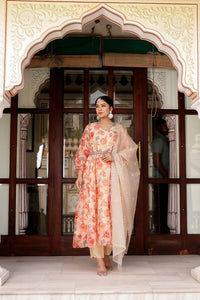 Thumbnail for Vaasva Women Cream Organza Floral Print & Embroidered Anarkali Kurta, Pant & Dupatta set - Distacart