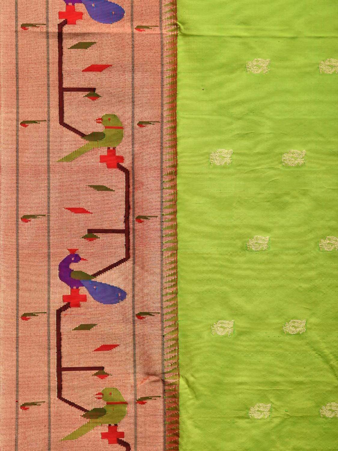 Light Green Paithani Silk Handloom Saree with Peacock-Parrot Border Design - Global Threads - Distacart