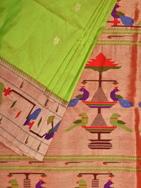 Thumbnail for Light Green Paithani Silk Handloom Saree with Peacock-Parrot Border Design - Global Threads - Distacart