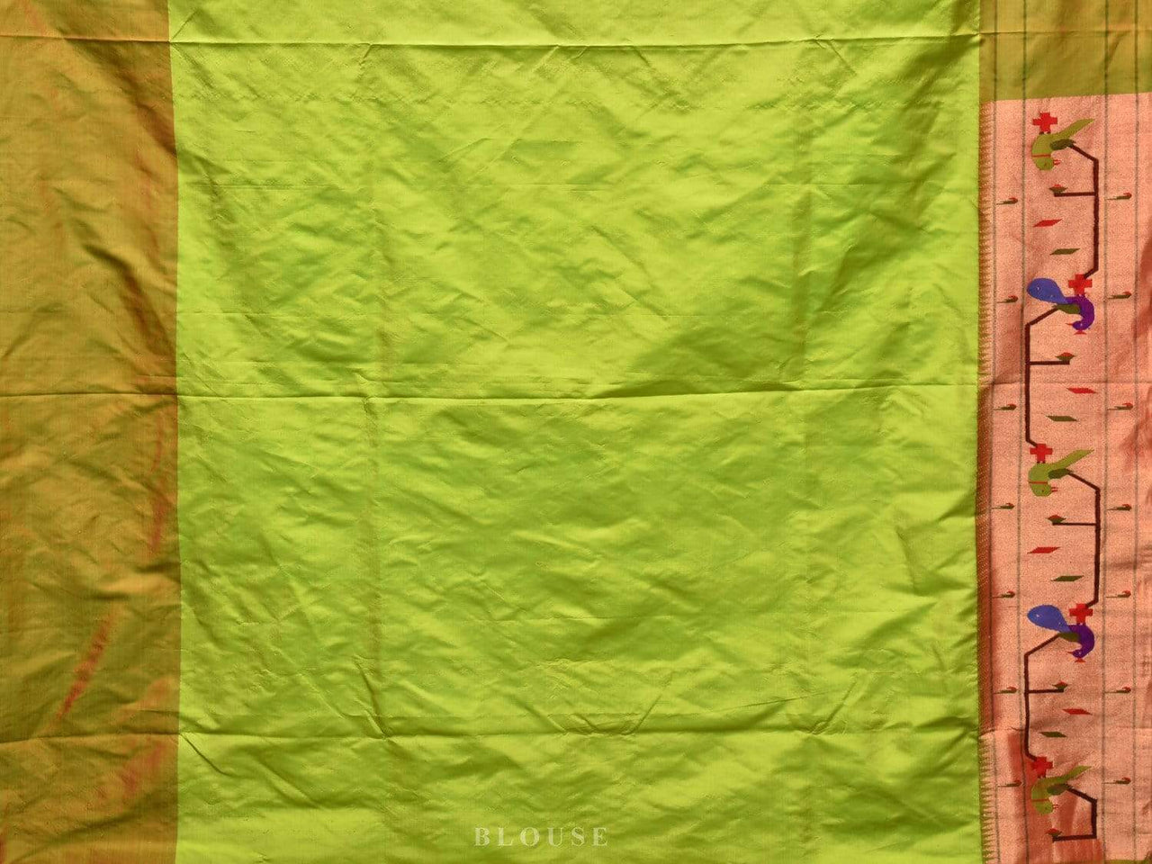 Light Green Paithani Silk Handloom Saree with Peacock-Parrot Border Design - Global Threads - Distacart