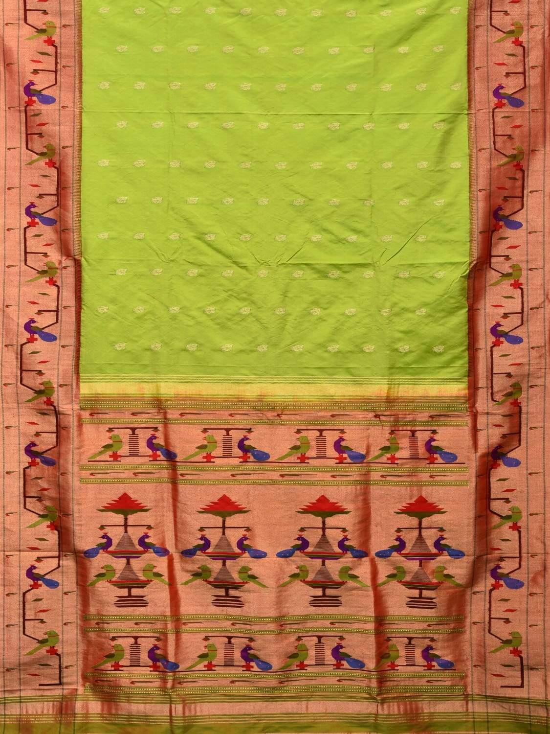 Light Green Paithani Silk Handloom Saree with Peacock-Parrot Border Design - Global Threads - Distacart