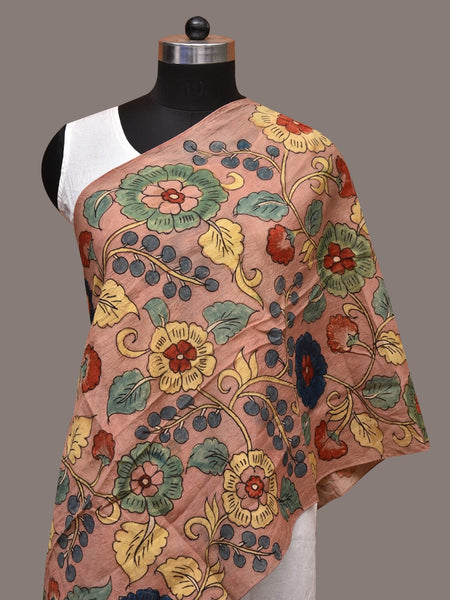 Light Peach Kalamkari Hand Painted Sico Stole with Floral Design - Global Threads - Distacart