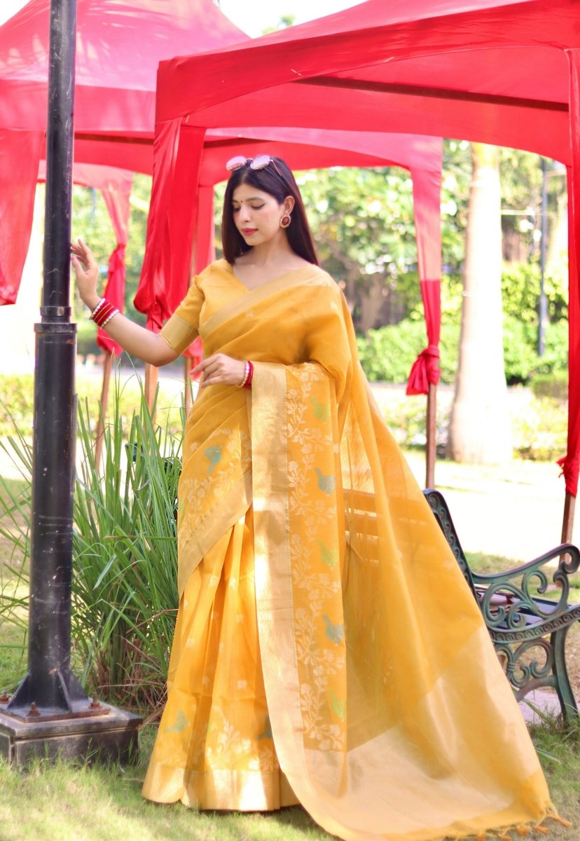 Aastha Fashion Yellow Thread Woven Cotton Silk Saree with Blouse - Distacart