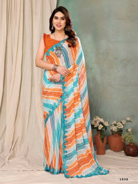 Thumbnail for Aafreen Partywear Designer Orange & Blue Georgette Fancy Saree - Distacart