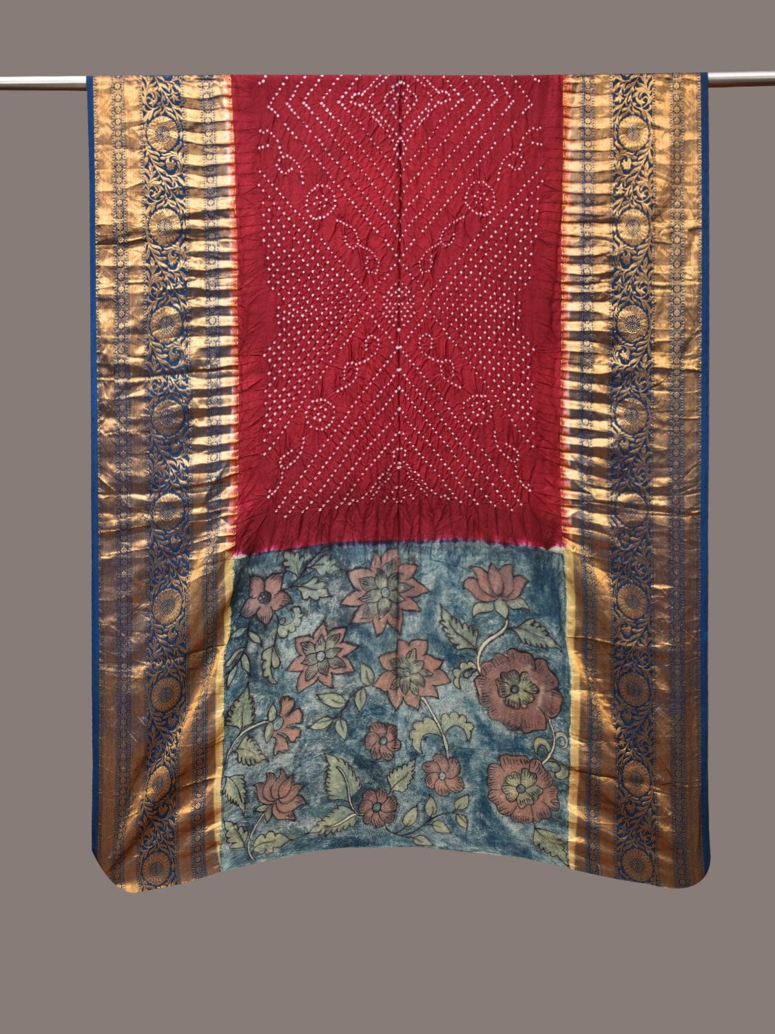 Buy Maroon and Blue Bandhani Kanchipuram Silk Handloom Dupatta with ...