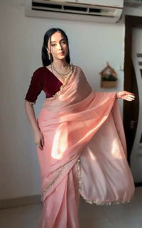 Thumbnail for Malishka Jimuchi Silk Golden Boarder Ready To Wear Saree With Blouse Piece - Peach - Distacart