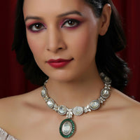 Thumbnail for Gold and Silver Tone Neckpiece with Green Center Piece (Silver) - Ruby Raang - Distacart