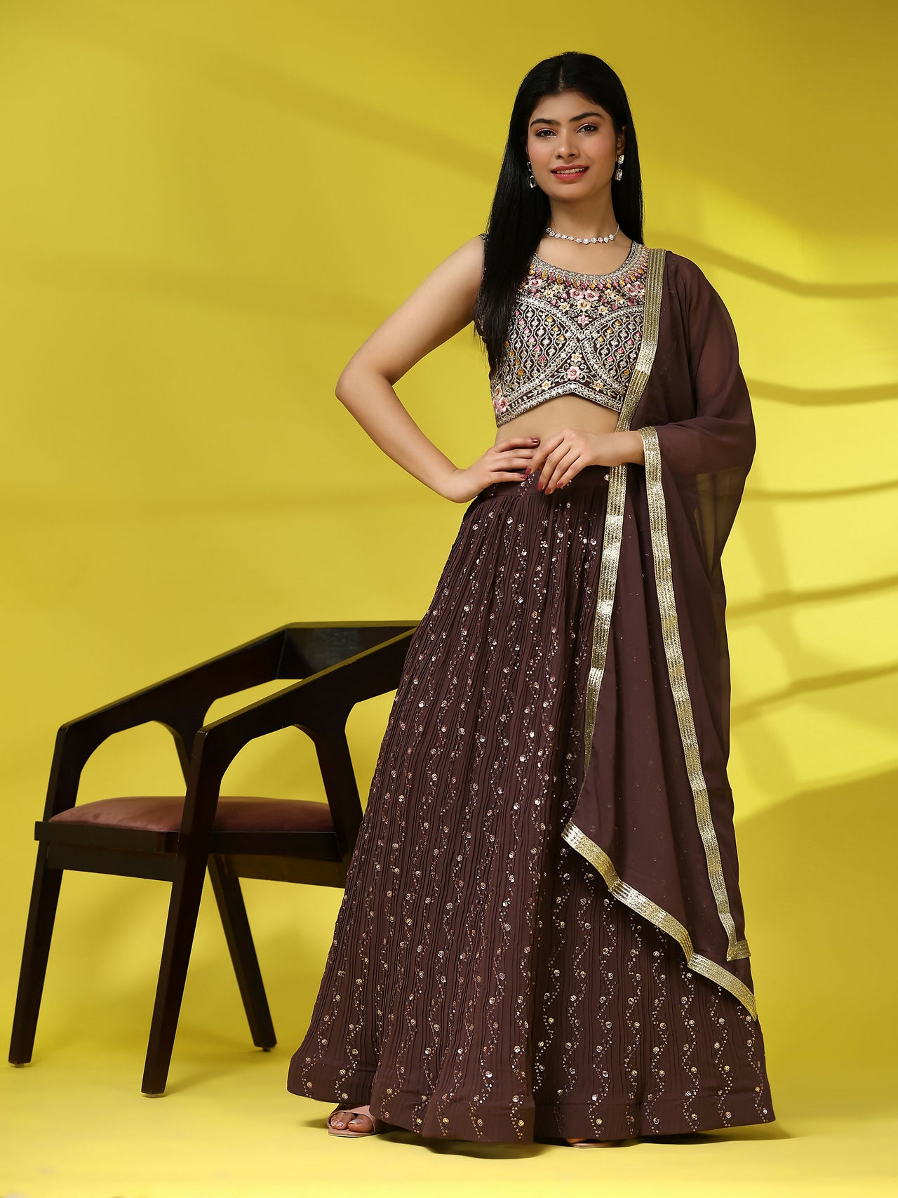 Brown Georgette Embroidered Lehenga choli with Dupatta - Dhara - Distacart