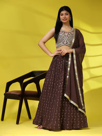 Thumbnail for Brown Georgette Embroidered Lehenga choli with Dupatta - Dhara - Distacart