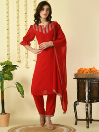 Thumbnail for Myshka Women's Red Georgette Kurta & Trousers With Dupatta Party Sets - Distacart