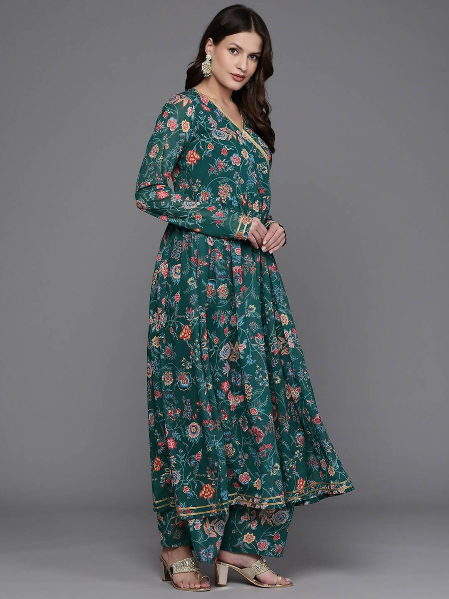 Ahalyaa Women Floral Printed Angrakha Kurta with Palazzos - Green Color - Distacart