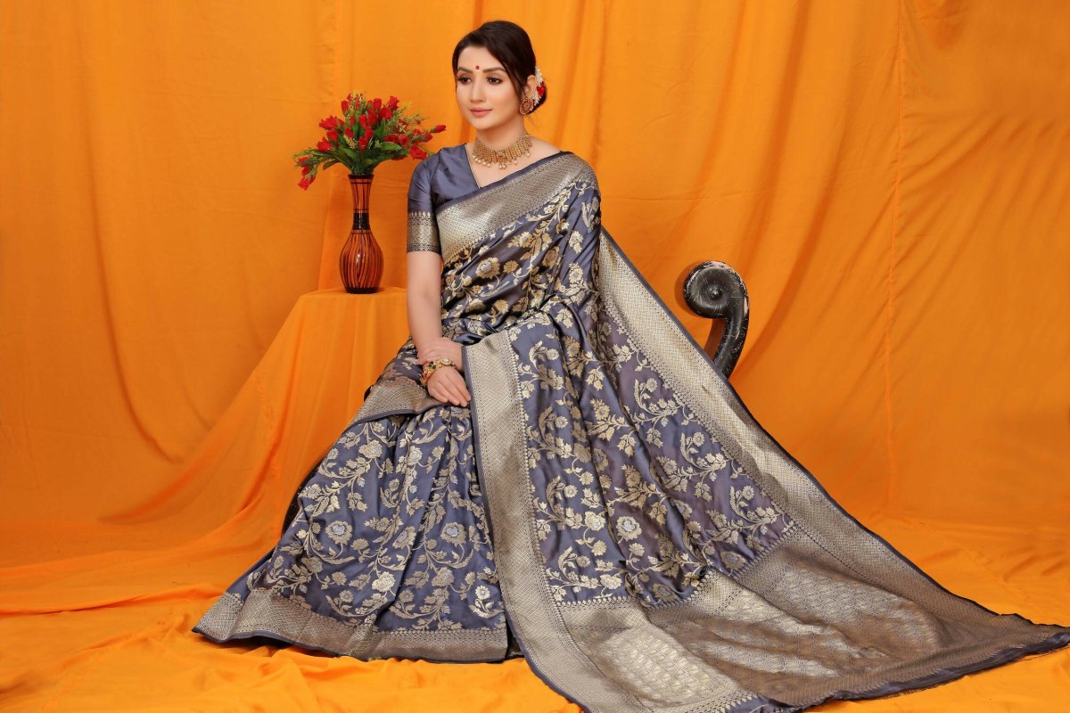 Aastha Fashion Navy Blue Woven Banarasi Silk Saree with Blouse - Distacart