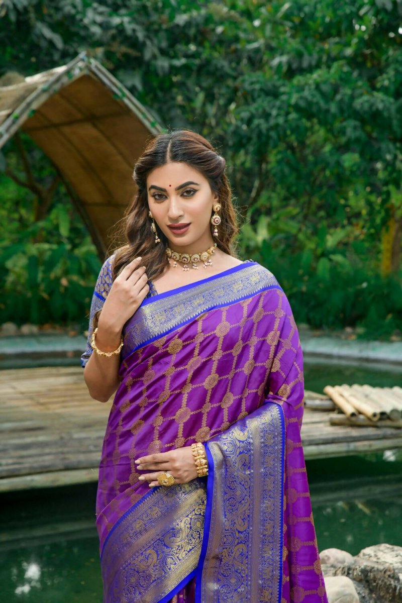 Aastha Fashion Purple Woven Kanchipuram Silk Saree with Blouse - Distacart