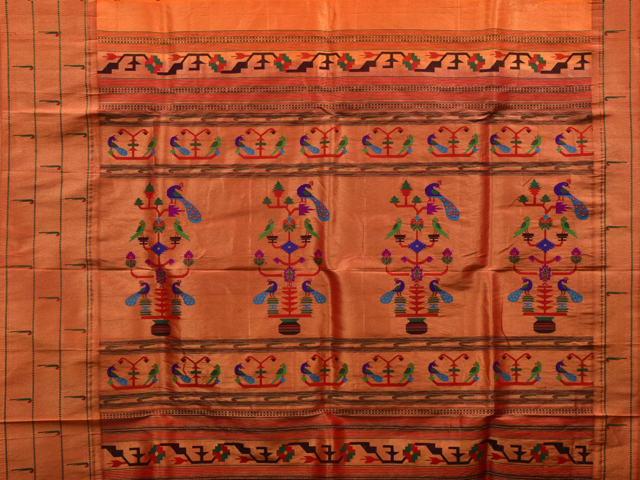 Orange Paithani Silk Handloom Saree with Triple Muniya Border Design - Global Threads - Distacart