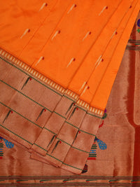 Thumbnail for Orange Paithani Silk Handloom Saree with Triple Muniya Border Design - Global Threads - Distacart