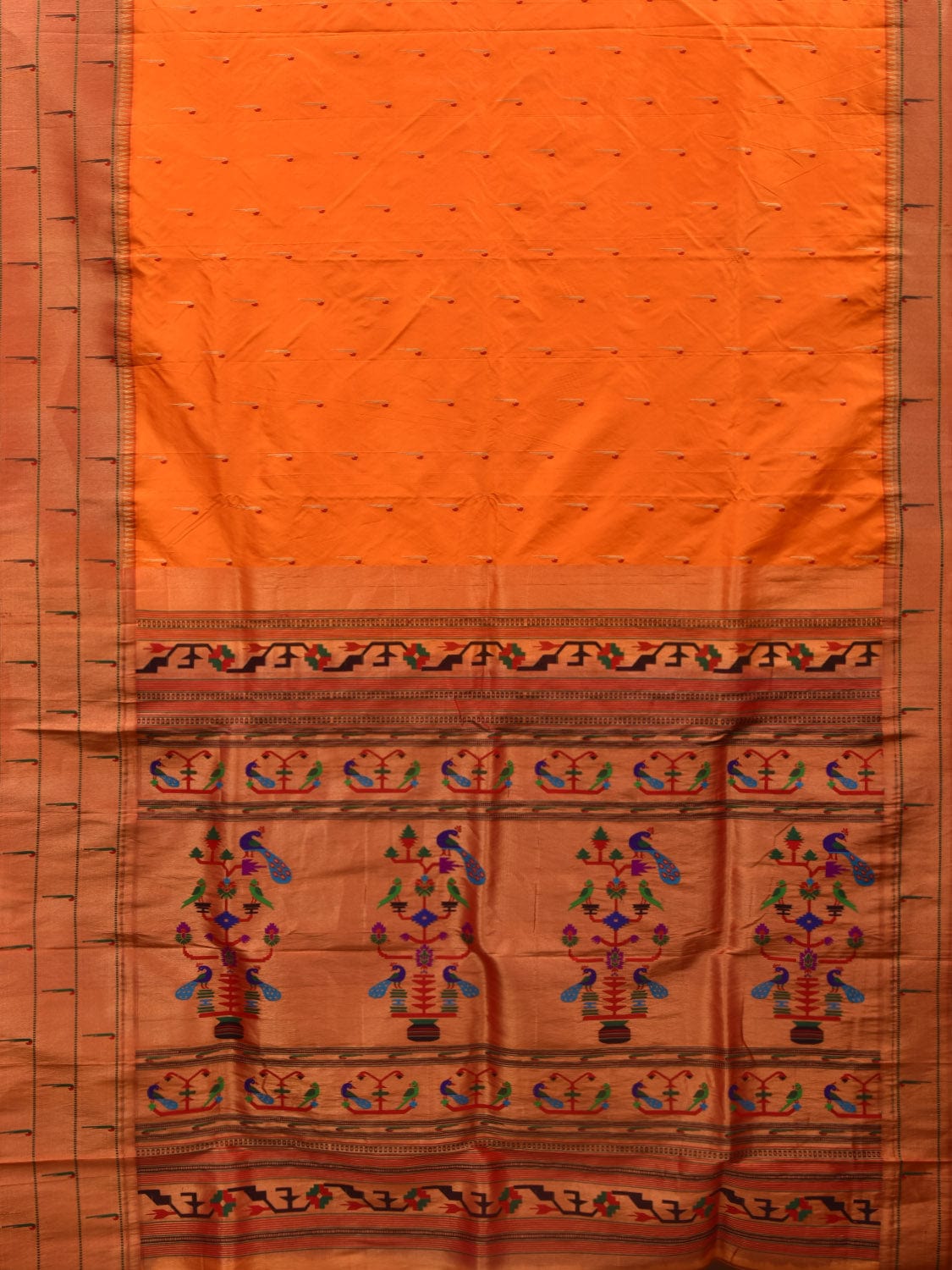 Orange Paithani Silk Handloom Saree with Triple Muniya Border Design - Global Threads - Distacart