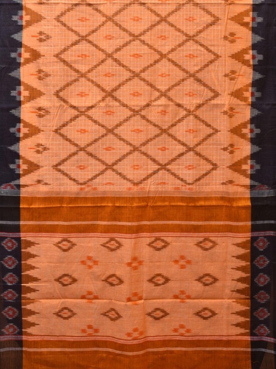 Orange Pochampally Ikat Cotton Handloom Saree with Grill and Big Temple Border Design No Blouse - Global Threads - Distacart