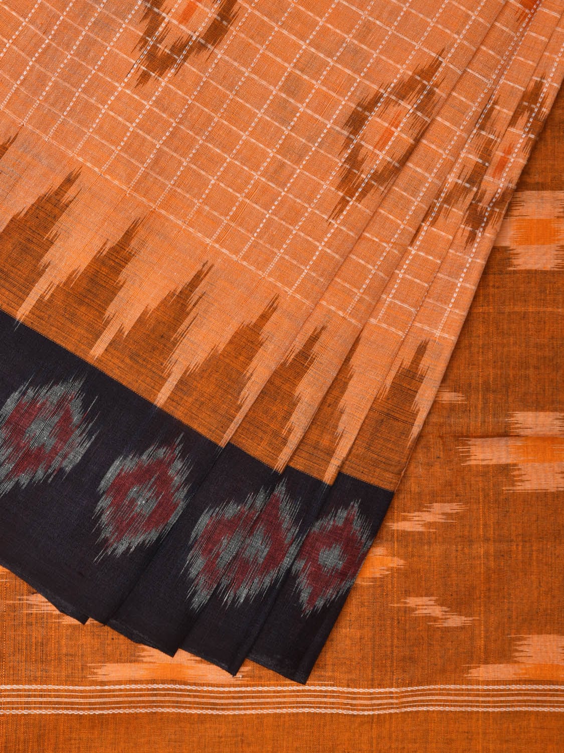 Orange Pochampally Ikat Handloom Saree with Checks and Border Design No Blouse - Global Threads - Distacart