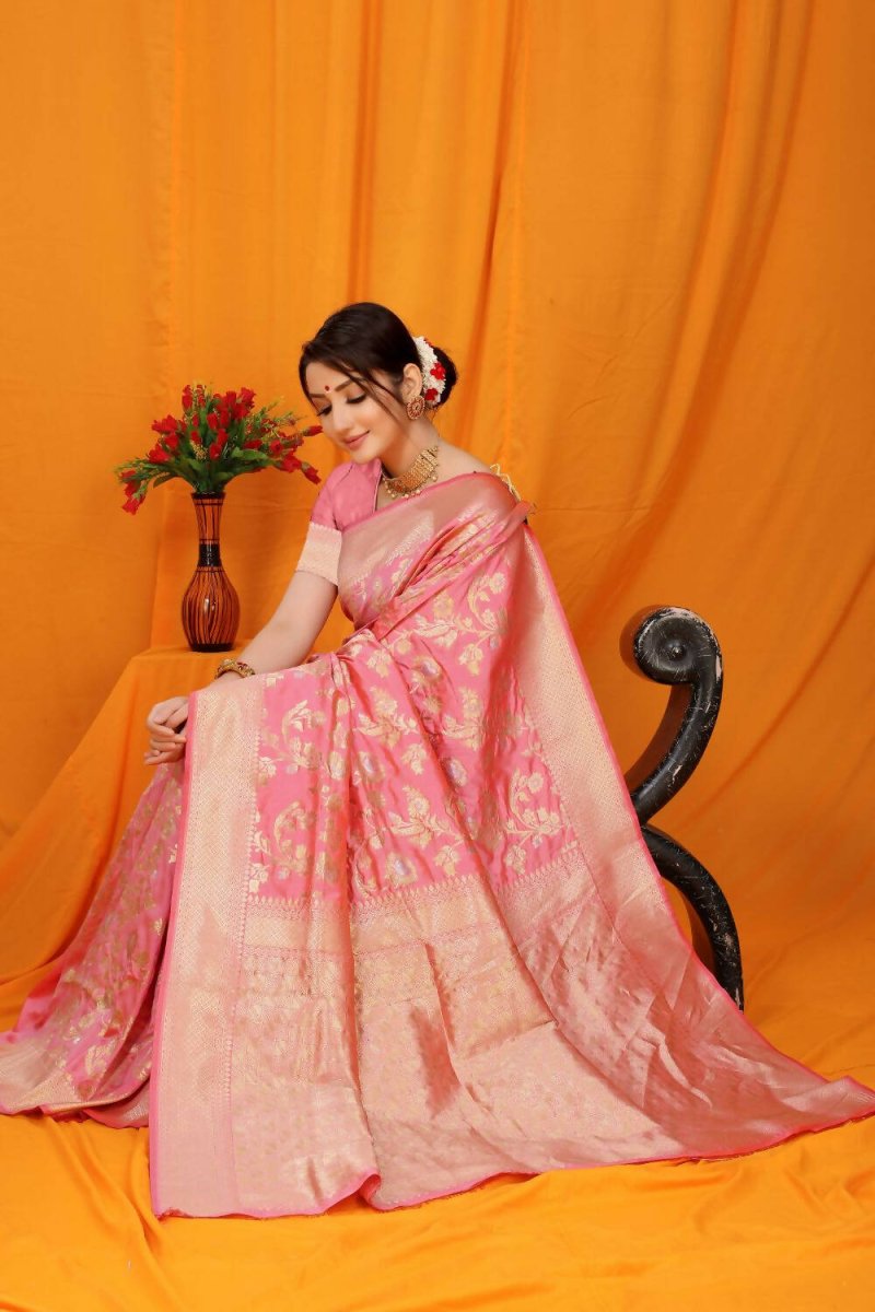 Aastha Fashion Baby Pink Woven Banarasi Silk Saree with Blouse - Distacart