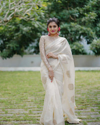 Thumbnail for White Pure Linen Woven Design Saree with Unstitched Blouse - A2M