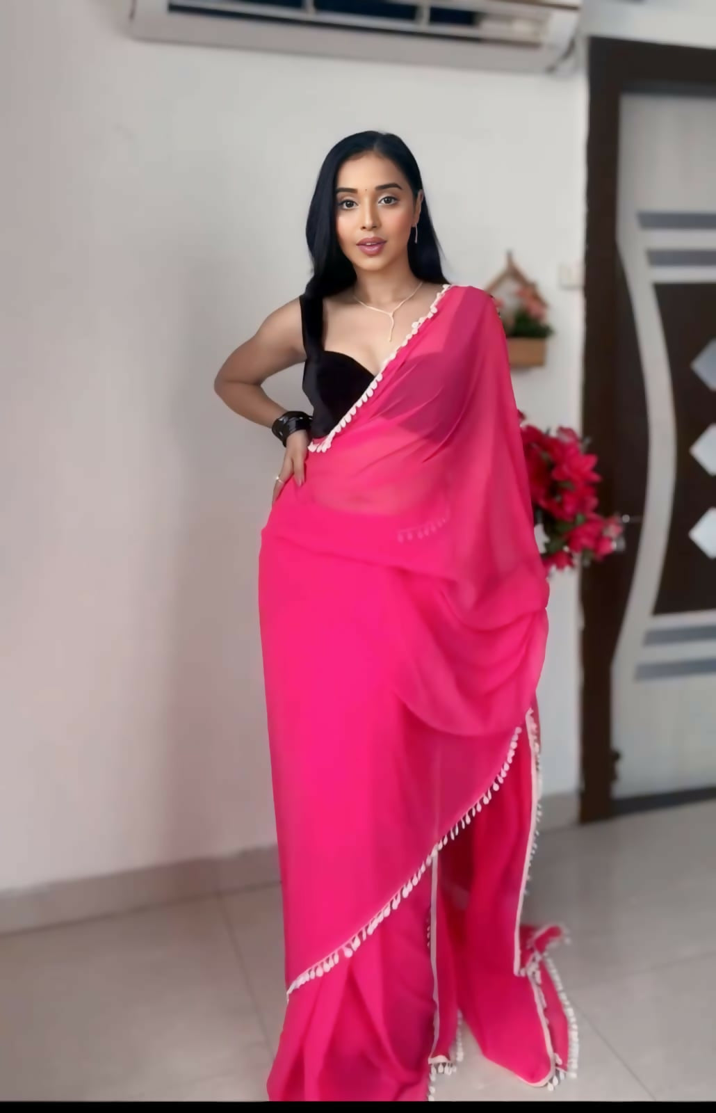 Malishka Georgette Printed Ready To Wear Saree With Blouse Piece - Pink - Distacart