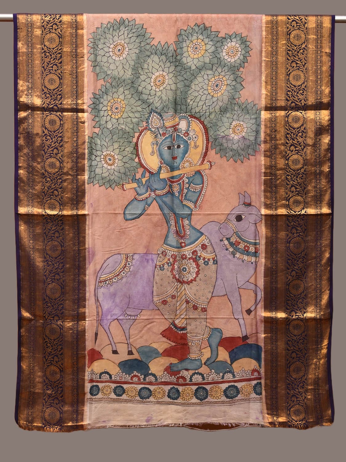 Peach Kalamkari Hand Painted Kanchipuram Silk Handloom Dupatta with Krishna and Cow Design - Global Threads - Distacart