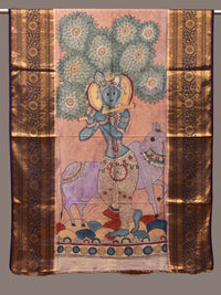 Thumbnail for Peach Kalamkari Hand Painted Kanchipuram Silk Handloom Dupatta with Krishna and Cow Design - Global Threads - Distacart