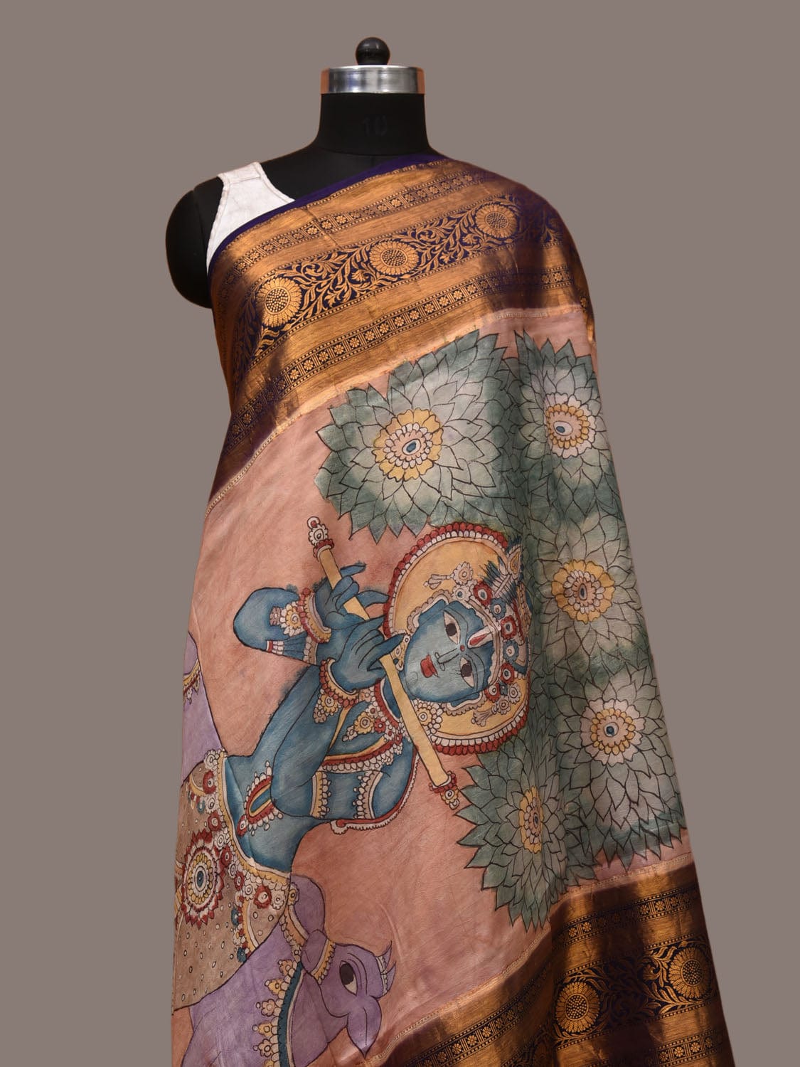 Peach Kalamkari Hand Painted Kanchipuram Silk Handloom Dupatta with Krishna and Cow Design - Global Threads - Distacart