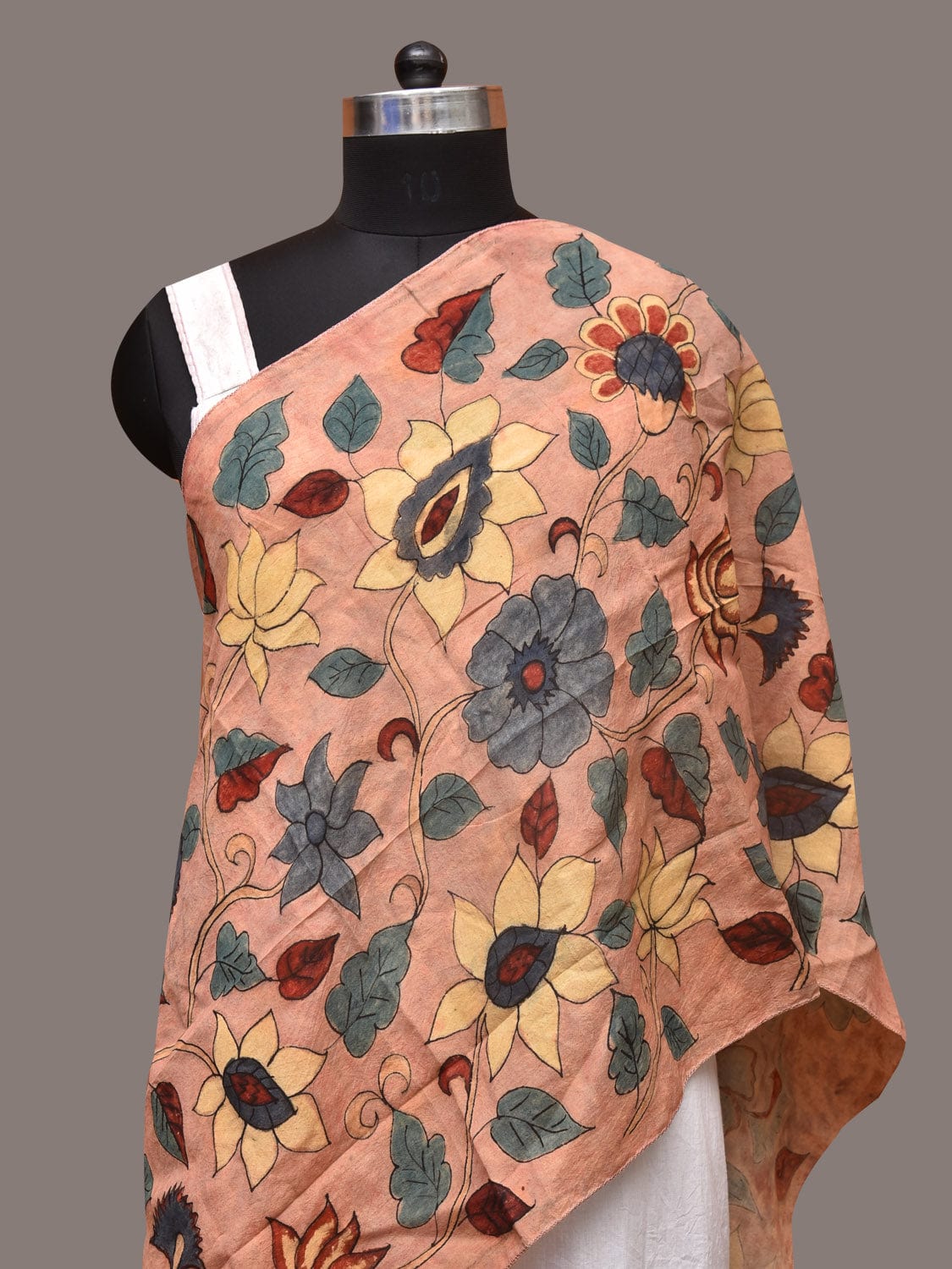 Peach Kalamkari Hand Painted Sico Stole with Floral Design - Global Threads - Distacart