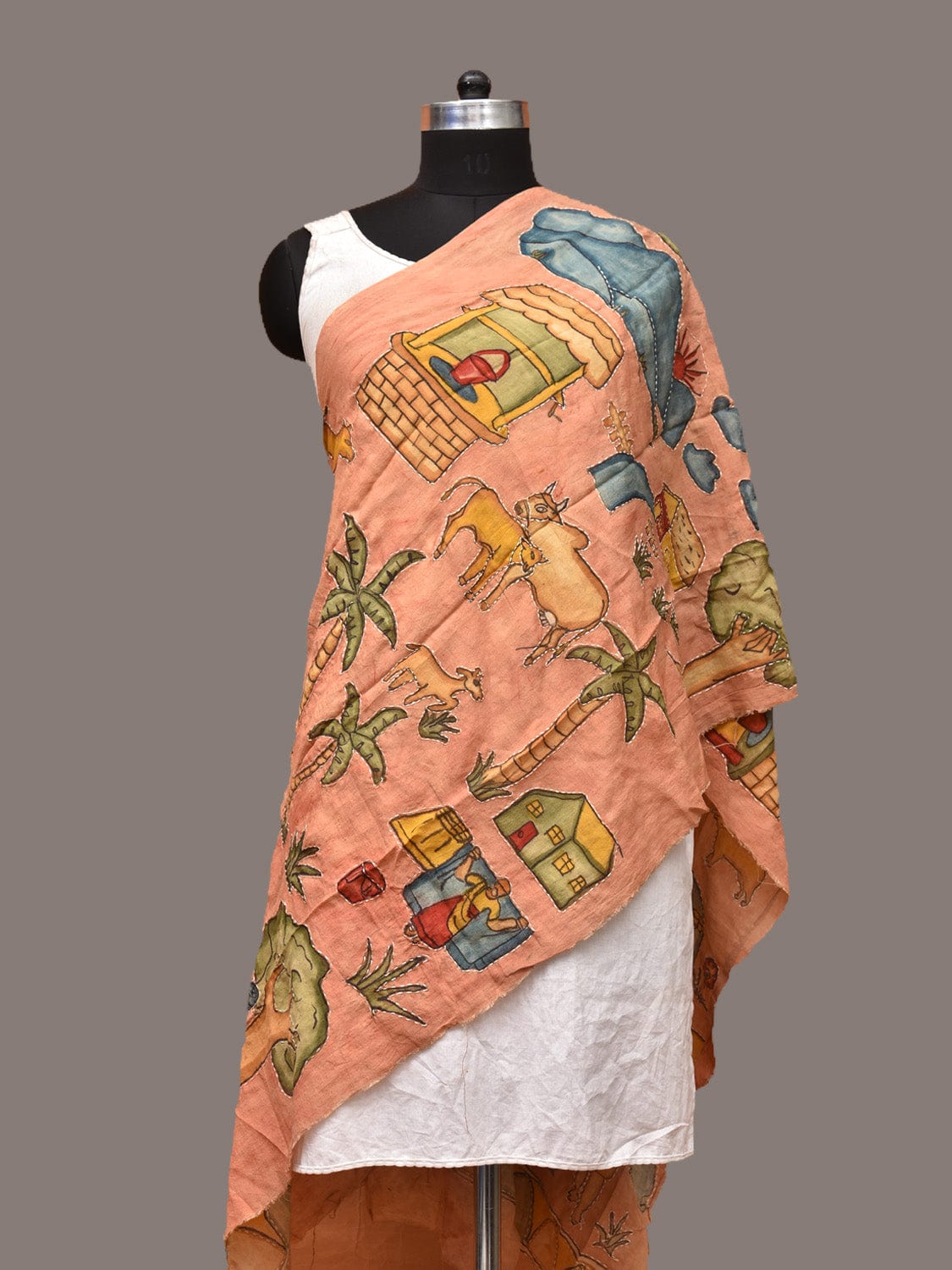 Peach Kalamkari Hand Painted Sico Stole with Village Theme Design - Global Threads - Distacart