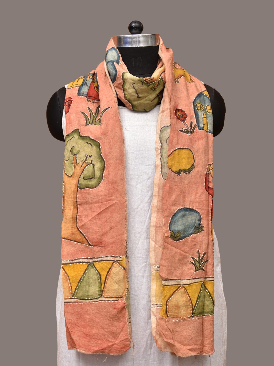 Peach Kalamkari Hand Painted Sico Stole with Village Theme Design - Global Threads - Distacart