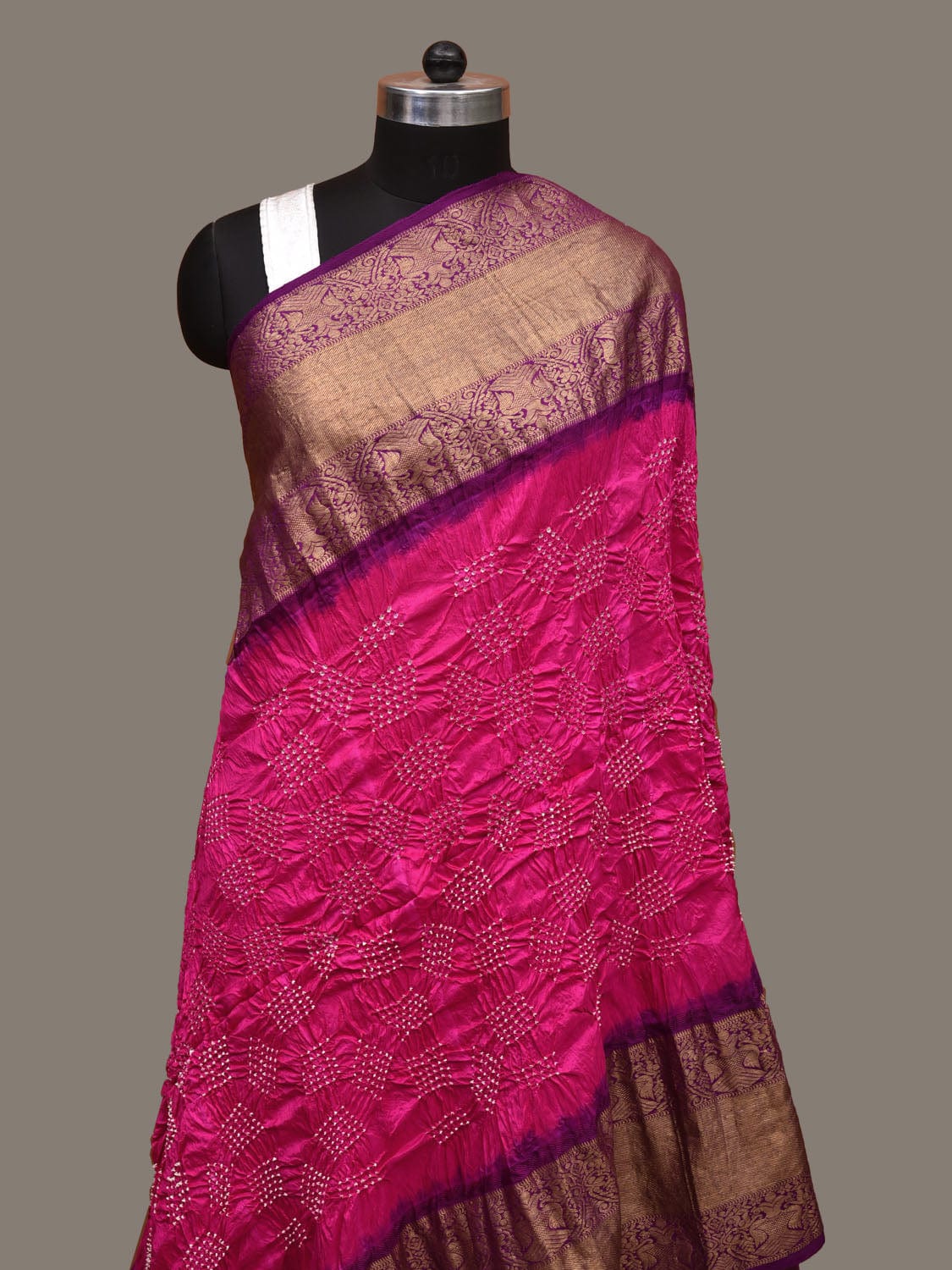 Pink and Purple Bandhani Kanchipuram Silk Handloom Dupatta with Border Design - Global Threads - Distacart