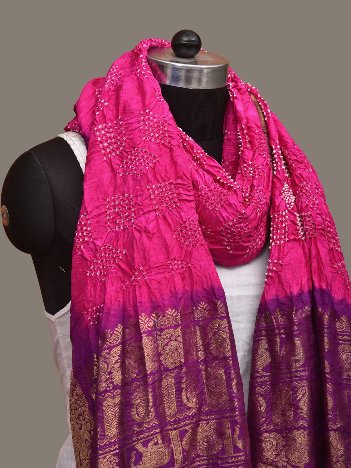 Pink and Purple Bandhani Kanchipuram Silk Handloom Dupatta with Border Design - Global Threads - Distacart