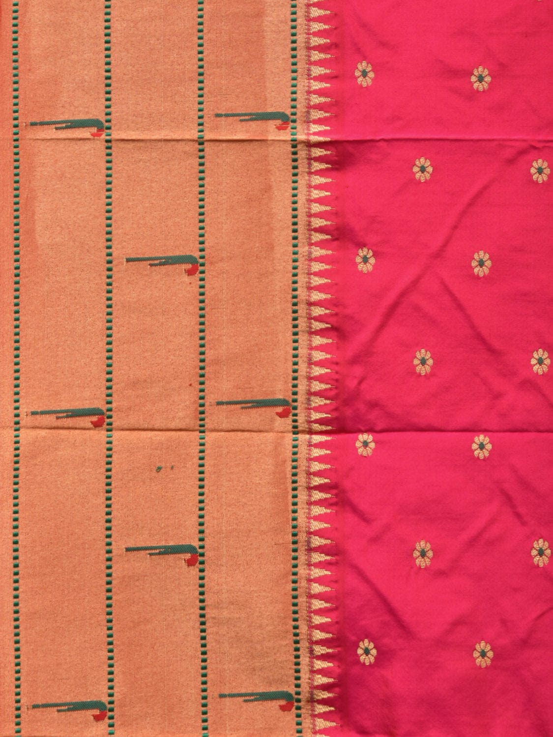 Pink Paithani Silk Handloom Saree with Triple Muniya Border Design - Global Threads - Distacart