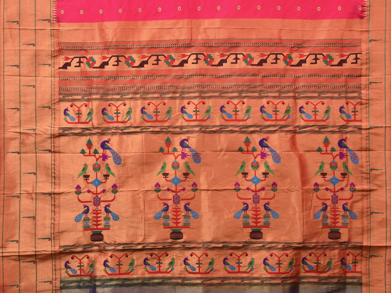 Pink Paithani Silk Handloom Saree with Triple Muniya Border Design - Global Threads - Distacart