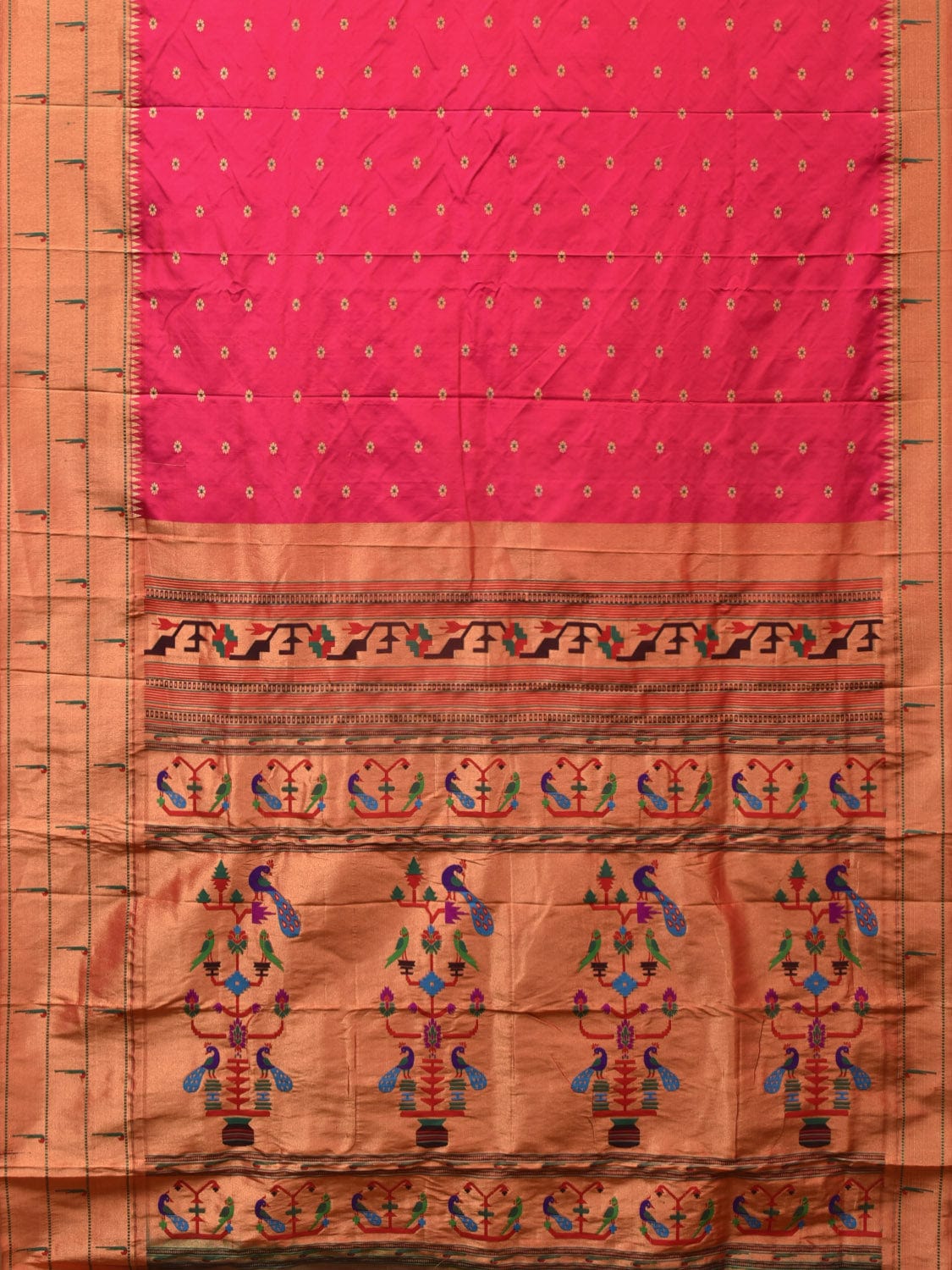 Pink Paithani Silk Handloom Saree with Triple Muniya Border Design - Global Threads - Distacart