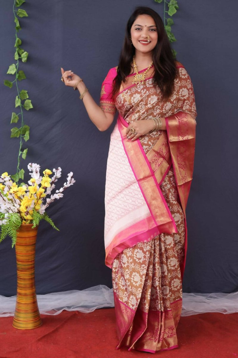 Aastha Fashion Brown Woven Tissue Silk Saree with Blouse - Distacart